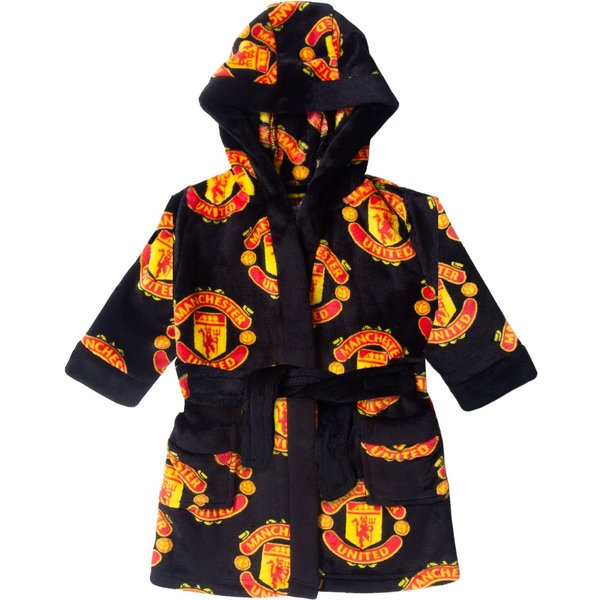 Manchester United FC Baby Hooded Fleece Dressing Gown Robe in Black | Size: 2-3 Years