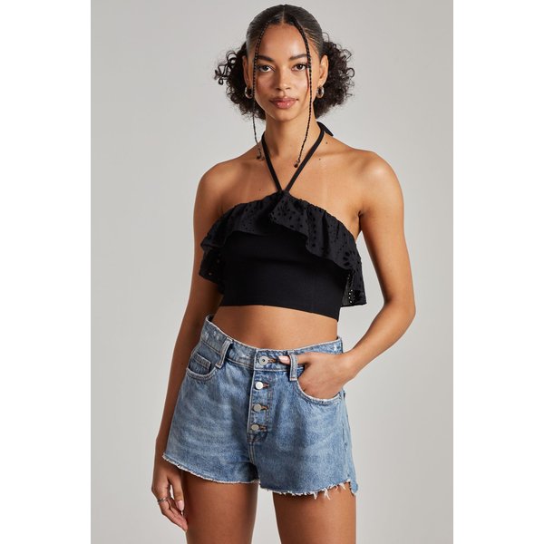 Pink Vanilla Women's Halter Neck Broderie Frill Hem Crop Top in Black | Size: Medium