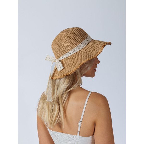SVNX Women's Lace Ribbon Straw Sun Hat in Beige