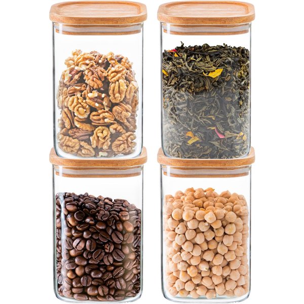 Argon Tableware Square Glass Storage Jars With Wooden Lids - 1.1 Litre - Pack Of 4, Clear