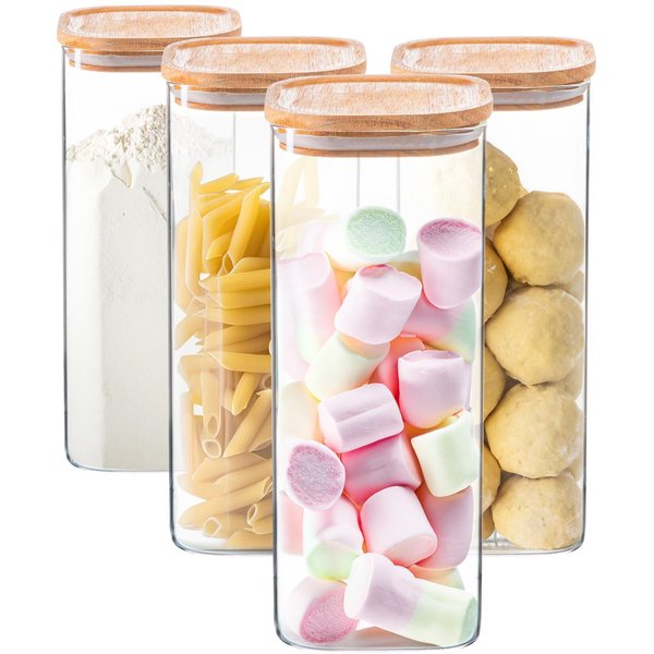 Argon Tableware Square Glass Storage Jars With Wooden Lids - 1.9 Litre - Pack Of 4, Clear