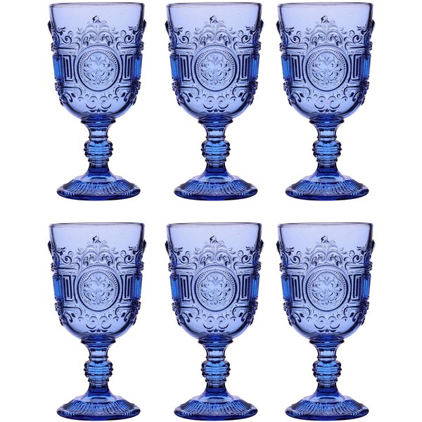 Dibor Set of 6 Parisian Blue Mandala Embossed Wine Goblets 300ml - Christmas Dinner Table Glassware | Size: 6 Pack