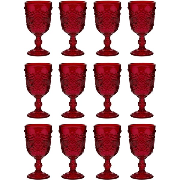 Dibor Set of 12 Zamora Ruby Red Art Deco Embossed Wine Goblets 300ml - Christmas Dinner Party Glassware | Size: 12 Pack