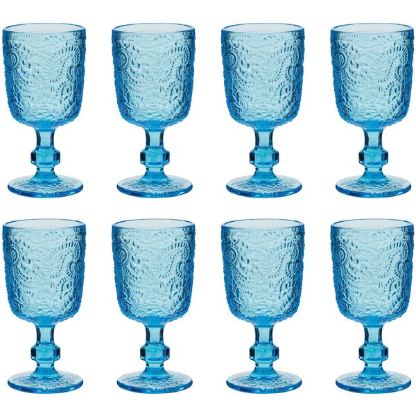 Dibor Set of 8 Lugo Bright Blue Paisley Embossed Wine Goblets 300ml - Christmas Dinner Party Glassware | Size: 8 Pack