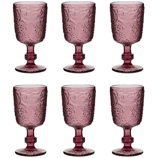 Dibor Set of 6 Lugo Pink Paisley Embossed Wine Goblets 300ml - Christmas Dinner Table Glassware | Size: 6 Pack