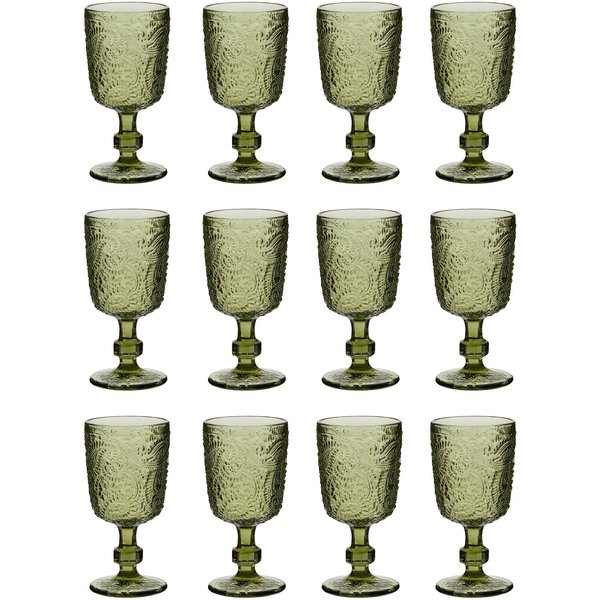 Dibor Set of 12 Lugo Emerald Green Paisley Embossed Wine Goblets 300ml - Christmas Dinner Party Glassware | Size: 12 Pack