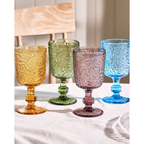 Dibor Set of 4 Mix & Match Paisley Embossed Coloured Wine Goblets 300ml - Christmas Table Glassware Gift | Size: 4 Pack