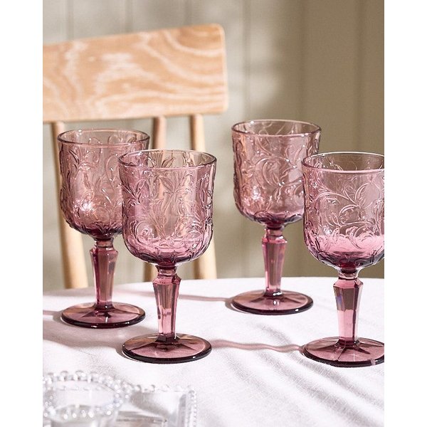 Dibor Set of 4 Lucena Amethyst Pink Leaf Embossed Wine Goblets 270ml - Christmas Table Glassware Gift | Size: 4 Pack