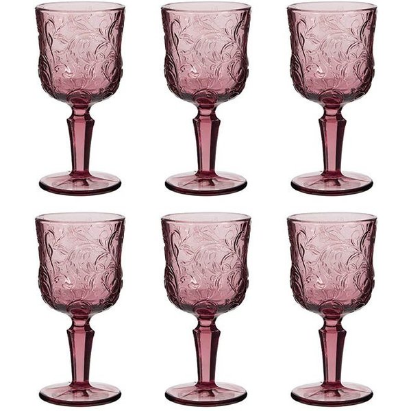 Dibor Set of 6 Lucena Amethyst Pink Leaf Embossed Wine Goblets 270ml - Christmas Dinner Table Glassware | Size: 6 Pack