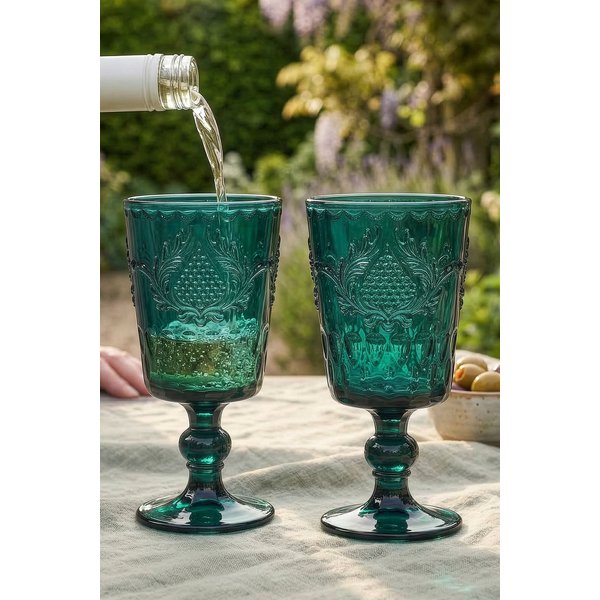 Dibor Pair of Zafra Teal Baroque Embossed Wine Goblets 290ml - Christmas Gift for Her in Dark Green | Size: 2 Pack
