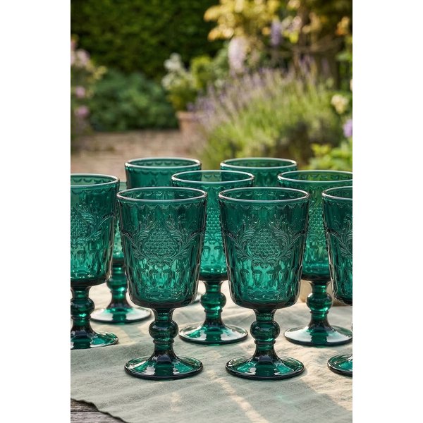 Dibor Set of 6 Zafra Teal Baroque Embossed Wine Goblets 290ml - Christmas Dinner Table Glassware in Dark Green | Size: 6 Pack