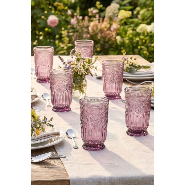 Dibor Set of 6 Zamora Purple Floral Embossed Highball Glasses 330ml - Christmas Party Glassware in Pink | Size: 6 Pack