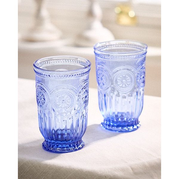 Dibor Pair of Zamora Periwinkle Blue Floral Embossed Highball Glasses 330ml - Christmas Gift for Whisky Lovers | Size: 2 Pack
