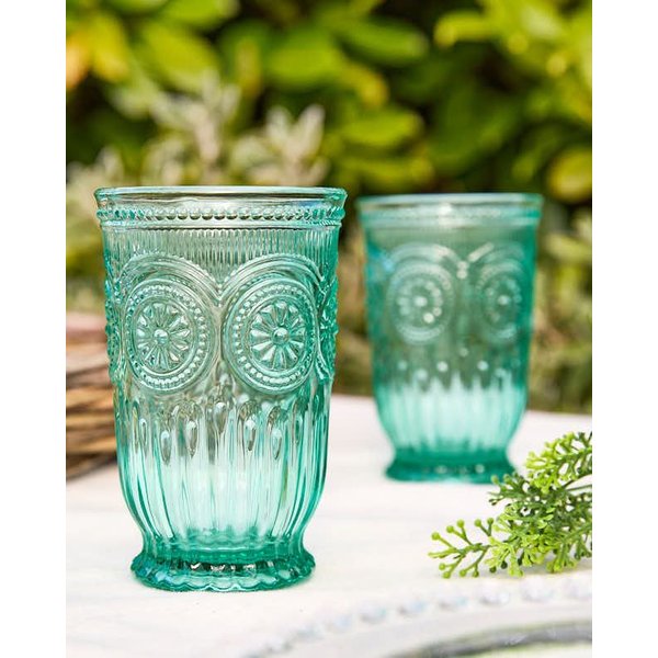 Dibor Pair of Zamora Turquoise Floral Embossed Highball Glasses 330ml - Christmas Gift for Whisky Lovers in Green | Size: 2 Pack