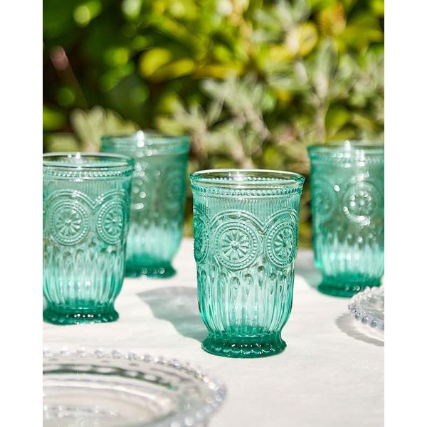Dibor Set of 4 Zamora Turquoise Floral Embossed Highball Glasses 330ml - Christmas Drinks Glassware in Green | Size: 4 Pack