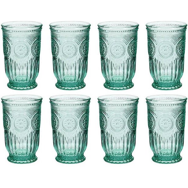 Dibor Set of 8 Zamora Turquoise Floral Embossed Highball Glasses 330ml - Christmas Party Glassware in Green | Size: 8 Pack