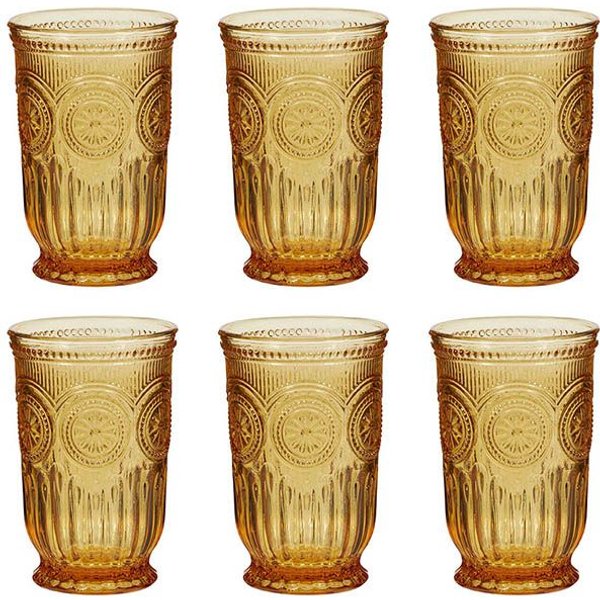 Dibor Set of 6 Zamora Amber Floral Embossed Highball Glasses 330ml - Christmas Party Glassware in Yellow | Size: 6 Pack