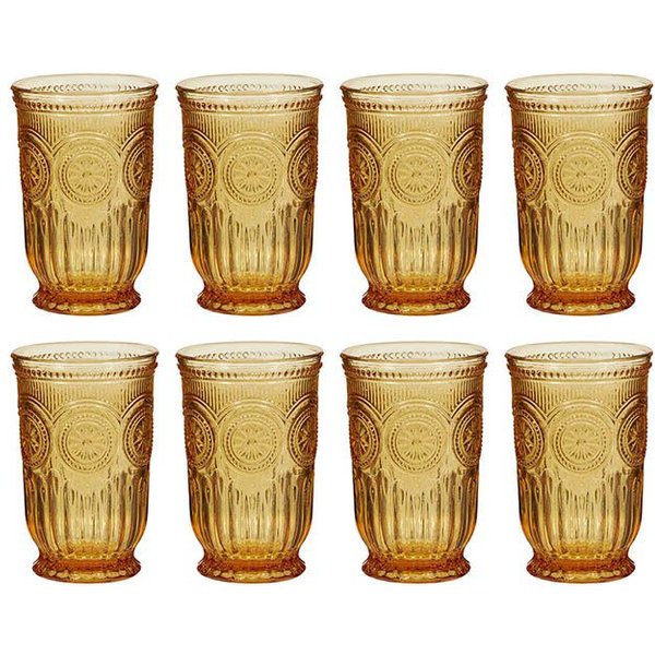 Dibor Set of 8 Zamora Amber Floral Embossed Highball Glasses 330ml - Christmas Party Glassware in Yellow | Size: 8 Pack