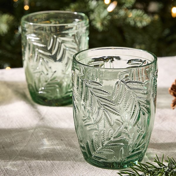 Dibor Pair of Laurier Sage Green Leaf Embossed Short Tumblers 310ml - Christmas Gift for Whisky Lovers | Size: 2 Pack