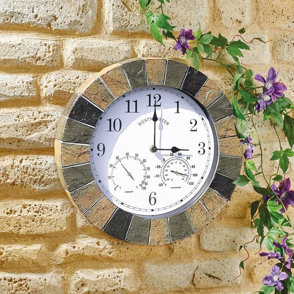 Marco Paul Stone 35cm Roman Numerals Clock & Thermometer Outdoor/Indoor in Grey