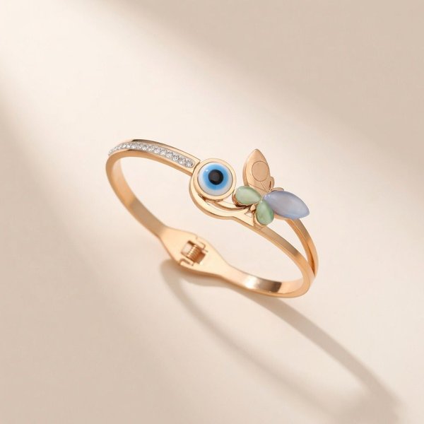 The Colourful Aura Women's Large colourful butterfly Evil Eye Open Cuff bangle in Gold