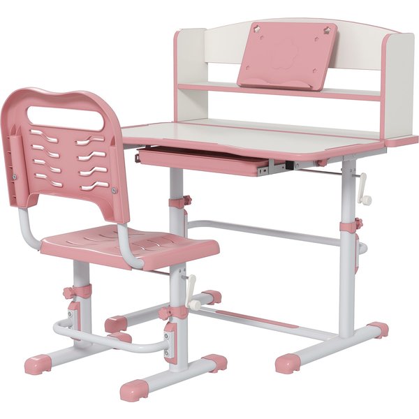 ZONEKIZ Kids Desk & Chair Set, Height Adjustable Study Table for 6-12 Years in Pink