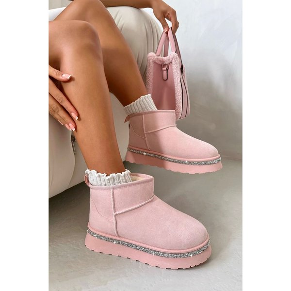 Love Lemonade Women's Crystal Trim Platform Mini Snugg Boots in Baby Pink | Size: 5