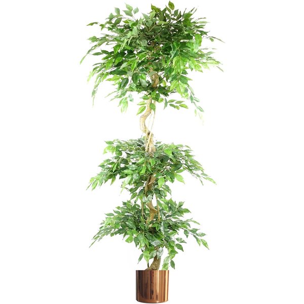 Leaf 180cm Artificial Twisted Trunk Fruticosa Ficus Tree Triple Ball Topiary 1984 Leaves Copper Metal Planter, Green