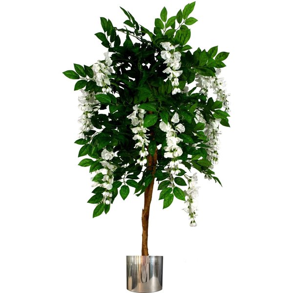 Leaf 130cm Luxury Artificial Wisteria Tree White Flowers - Premium Range Silver Metal Planter, Green