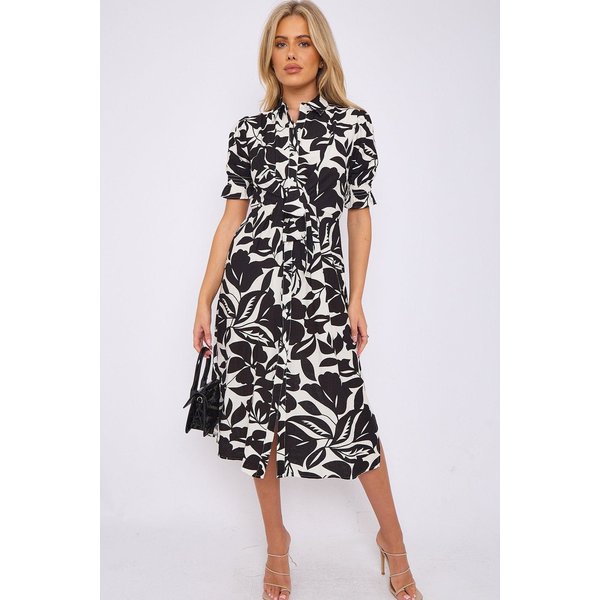 Love Sunshine Women's Black Floral Print Baloon Sleeve Knot Waist Midi Dress | Size: 8