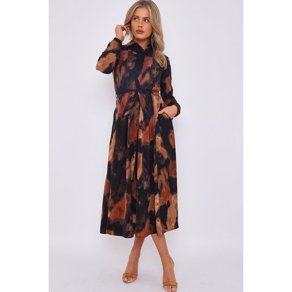 Love Sunshine Women's Brown Abstract Print Midaxi Shirt Dress | Size: 12