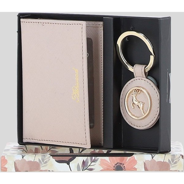 Ashwood Leather Women's Elegant Real Leather Card Holder & Key Ring Set in Light Pink
