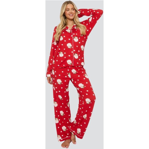 Loungeable Women's Santa Button Shirt & Long Pant Pyjamas Set in Red | Size: Large