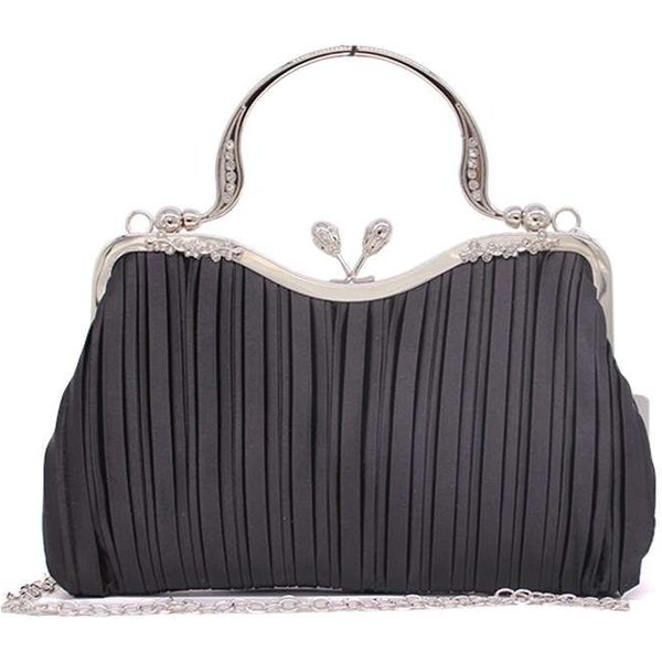 Kitise Women's Floral Handle Pleated Satin Evening Clutch Bag in Black