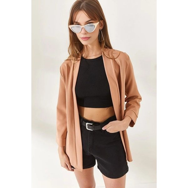 HOXTON GAL Women's Regular Fit Satin Shawl Collar Blazer Jacket with 3/4 Sleeve in Brown | Size: Large