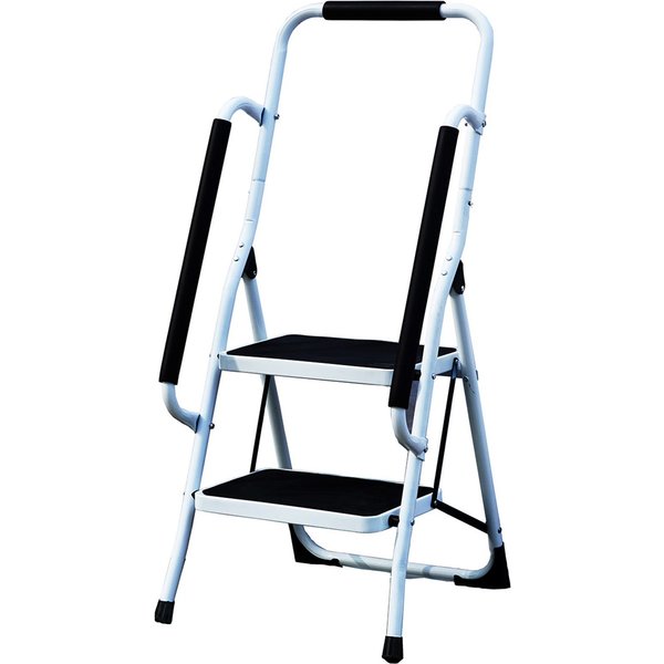Gr8 Home 2 Step Ladder Folding Stool Non Slip Tread Steel Foldable Home Diy With Handrail, White