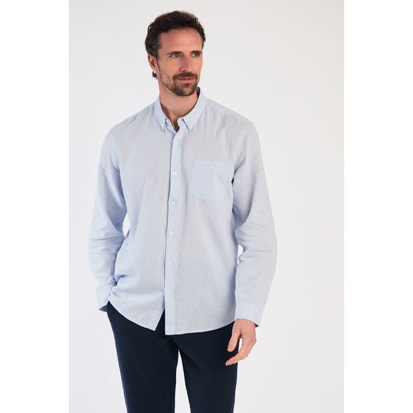 Nines Men's Linen Blend Long Sleeve Button-Up Shirt with Chest Pocket in Blue | Size: Large