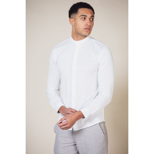 Nines Men's Cotton Long Sleeve Button-Up Shirt with Grandad Collar in White | Size: Large