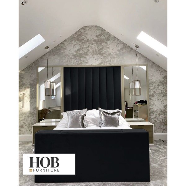 HOB Furniture Janie Linear Design TV Bed with Mirrored Headboard (72"H) in Black | Size: Super King