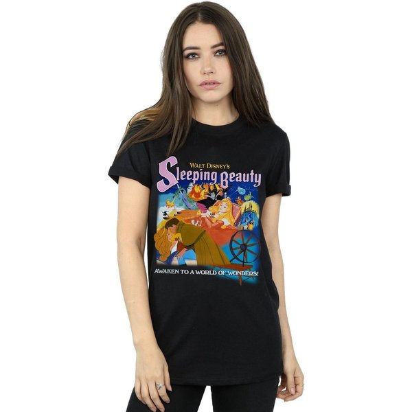 Disney Women's Sleeping Beauty Collage Poster Cotton Boyfriend T-Shirt in Black | Size: Medium