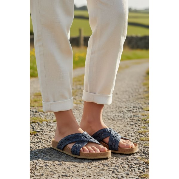 Down To Earth Women's Woven Leather Cross Strap Flat Mule Sandal in Navy | Size: 4