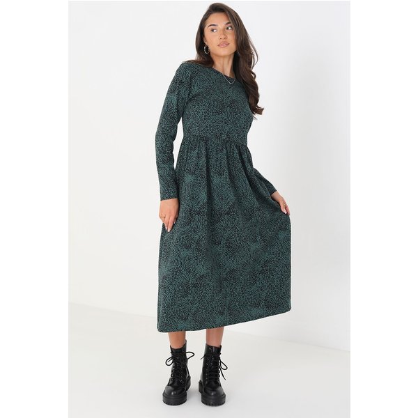 Cotton Animal Print Long Sleeve Midi Smock Dress