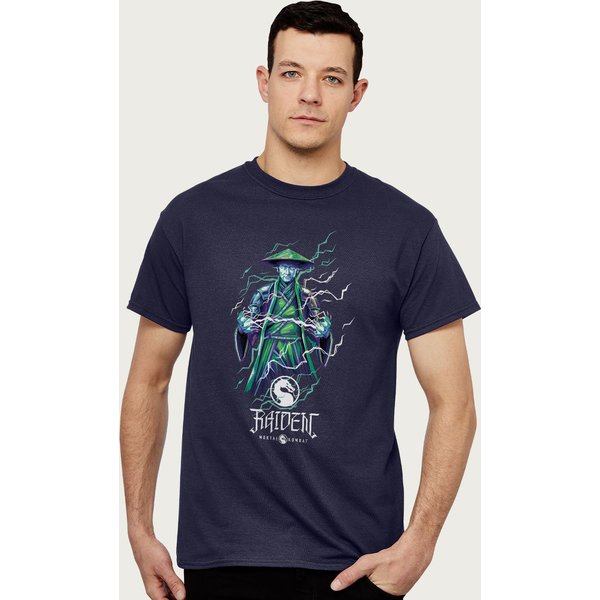 MORTAL KOMBAT Men's Raiden Lightning Bolt Charge T-Shirt in Navy | Size: Large