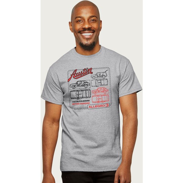 Austin Men's Allegro 3 Technical Drawing British Motor Heritage T-Shirt in Mid Grey | Size: XL