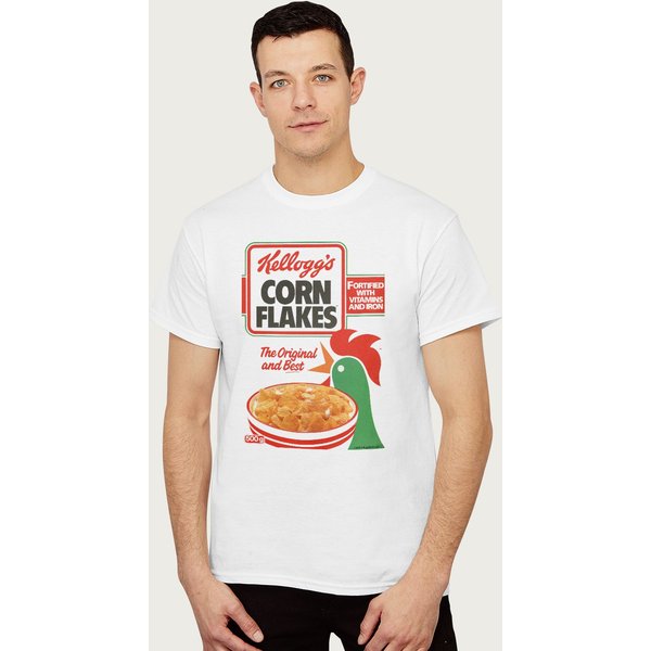 Kelloggs Men's Corn Flakes Breakfast Cereal Box Art 1983 T-Shirt in White | Size: 2XL