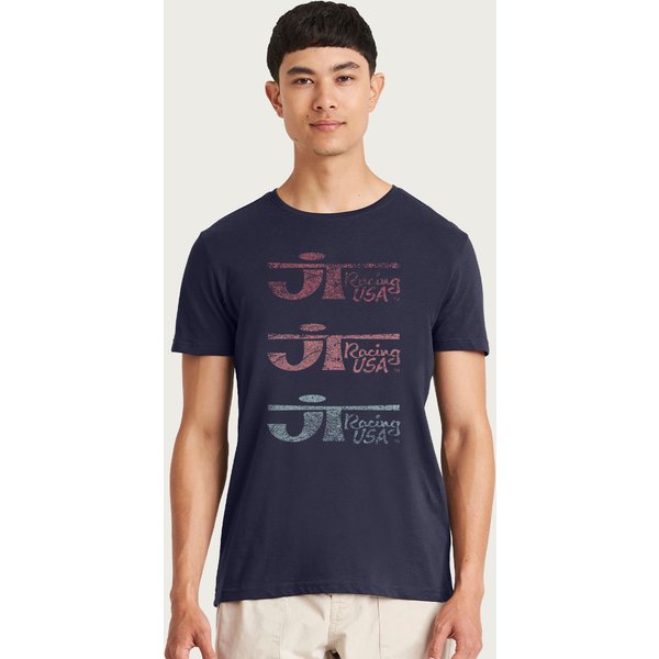 JT Racing Men's Faded Trio Of Logos T-Shirt in Navy | Size: Small