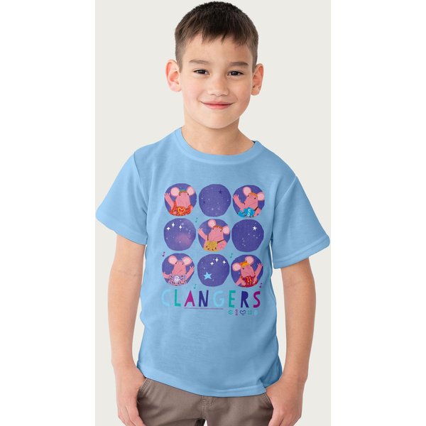 Clangers Family Waving Retro T-Shirt in Light Blue | Size: 5-6 Years