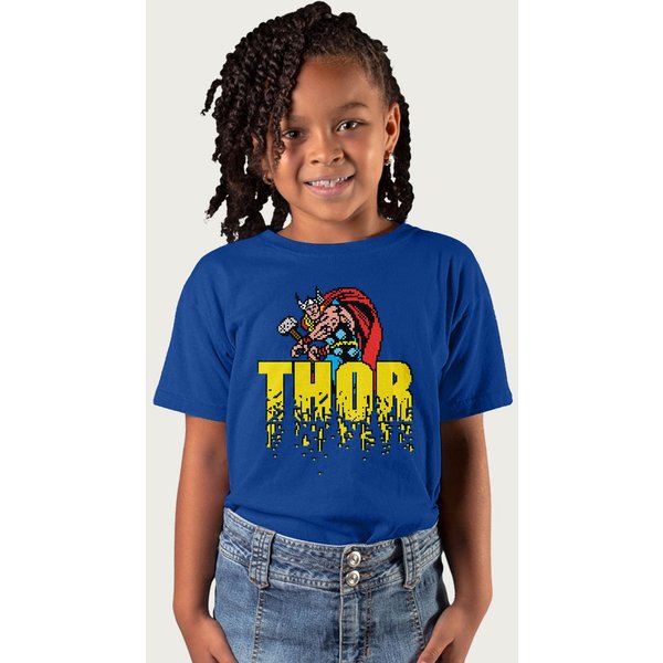 Thor Retro Pixelated Video Game Avengers Marvel T-Shirt in Royal | Size: 12-13 Years
