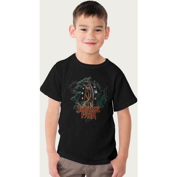 Jurassic Park Entrance Brachiosaurus T-Shirt in Black | Size: 9-11 Years