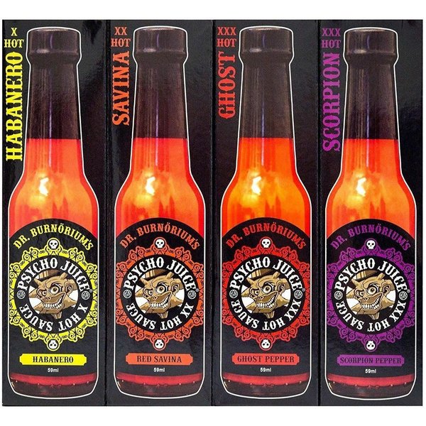 Psycho Juice Mini Four Gift Pack of Hot Chilli Sauce - 4 x 59ml Bottles in Black | Size: 4 Pack